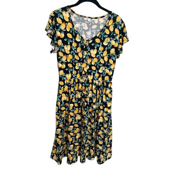WNEEDU Summer Dress Size Large Black Yellow Lemon Print Cap Sleeves Pockets - Picture 2 of 8